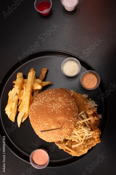 Obraz Crispy chicken burger on black background. Tomato, lettuce, chicken burger, sauces and fries.