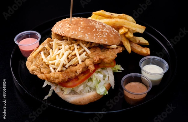 Obraz Crispy chicken burger on black background. Tomato, lettuce, chicken burger, sauces and fries.