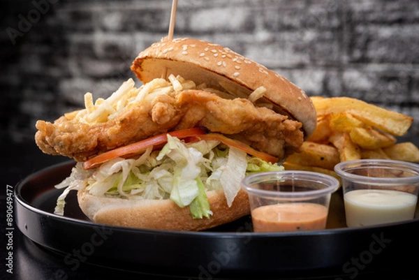 Obraz Crispy chicken burger on black background. Tomato, lettuce, chicken burger, sauces and fries.