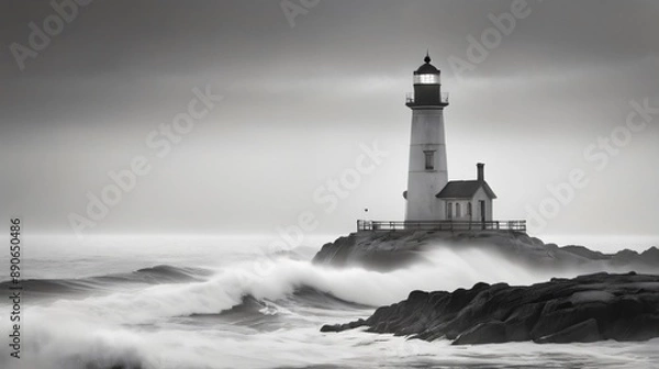 Fototapeta black and white beauty landscape with lighthouse and quiet ocean