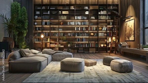 Fototapeta a beautiful library with a beautiful collection of books, a place where you can read and study in peace. AI generated image