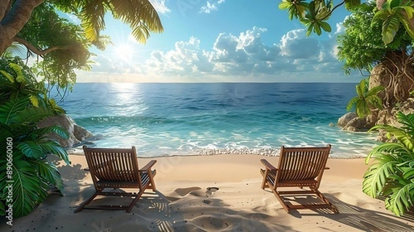 Fototapeta Tranquil retirement party invitation featuring an open area island resort with beach chairs with a writing space on the right side for retirement wishes and celebration details