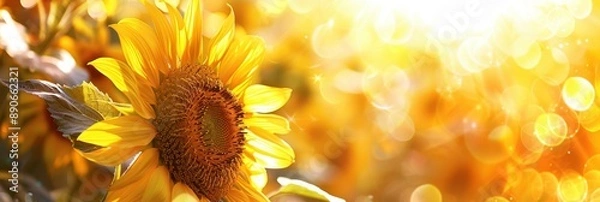Fototapeta A vibrant sunflower in full bloom, bathed in warm sunlight with a blurred background of a field Generative AI
