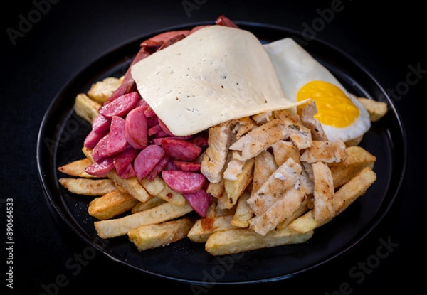 Obraz Peruvian culinary: Salchipapas, a fast food made with fried potatos, sausage, egg, bacon and many sauces like ketchup, mayonaise, mustard and hot pepper and chicken