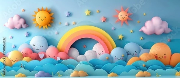Obraz Papercraft Rainbow with Smiling Clouds and Stars