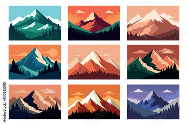 Fototapeta A set of illustrations of mountain landscapes. Design element for poster, card, banner, flyer. Vector illustration.