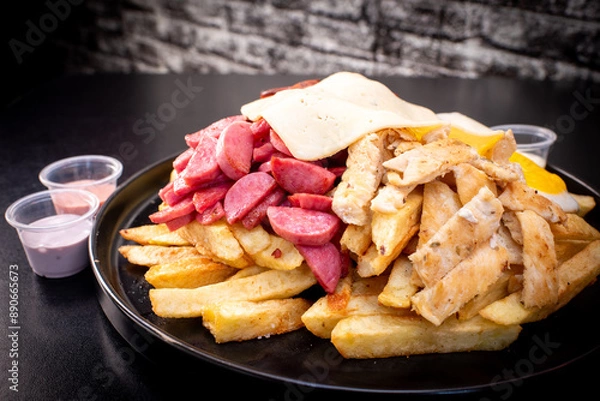 Obraz Peruvian culinary: Salchipapas, a fast food made with fried potatos, sausage, egg, bacon and many sauces like ketchup, mayonaise, mustard and hot pepper and chicken