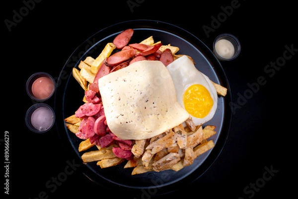 Obraz Peruvian culinary: Salchipapas, a fast food made with fried potatos, sausage, egg, bacon and many sauces like ketchup, mayonaise, mustard and hot pepper and chicken