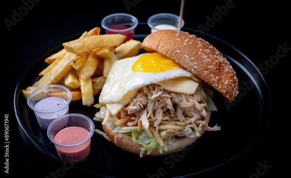 Obraz Delicious shredded chicken sandwich with cheese, egg and chips