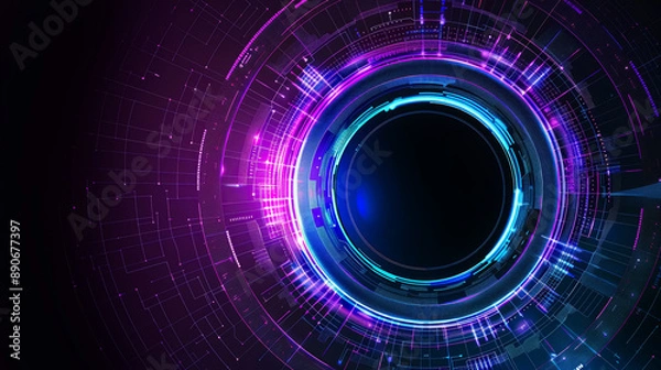 Fototapeta Digital blue and purple tech circle on dark background. Science, futuristic digital technologies concept. 