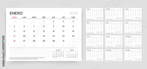 Fototapeta Calendar 2025 year. Spanish planner template. Week starts Sunday. Calender layout. Yearly corporate organizer. Desk schedule grid. Horizontal monthly diary with 12 month. Vector simple illustration