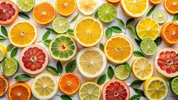Fototapeta Vibrant segmented wheels of citrus fruits arranged artfully against a pristine white backdrop, exuding freshness and sophistication.