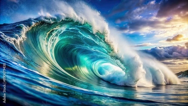 Fototapeta Vibrant ocean waves crashing against serene white background, forming a stunning visual representation of movement and power, ideal for logo designs.