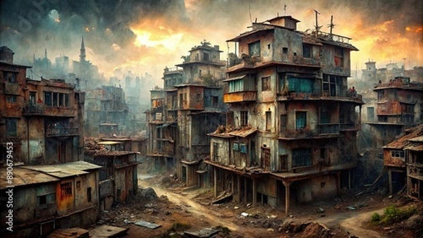Fototapeta Dilapidated metropolis featuring crumbling houses, worn concrete, peeling paint, rusty metal, and trash-strewn streets amidst perpetual gloom and desolation.