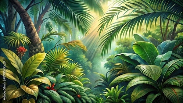 Fototapeta Vibrant tropical rainforest scene featuring lush palm leaves, exotic plants, and dense foliage in a stunning, intricately detailed illustration.