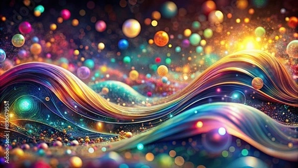 Fototapeta Vibrant, mesmerizing abstract waves of iridescent bokeh, swirling dots, and futuristic technology elements in a kaleidoscope of colors.