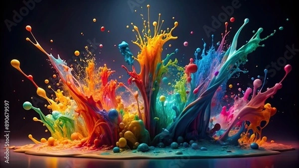 Fototapeta Vibrant splashes of colorful paint or ink on a dark background, forming an abstract, expressive, and dynamic composition for design elements.