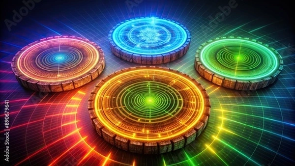 Fototapeta Illuminated circular diagrams showcasing incremental tree trunk growth, intricate ring patterns, and vibrant colors for diverse design applications.