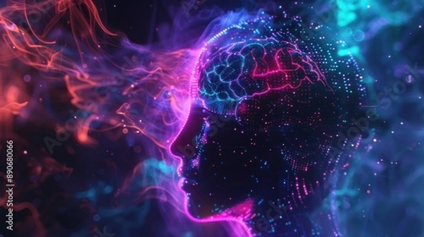 Fototapeta A virtual human brain with glowing red and blue colors on a cityscape background