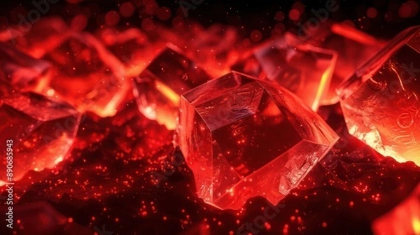 Fototapeta Bioluminescent red shapes shine vividly in the dark, crafting an otherworldly 3D abstract background.
