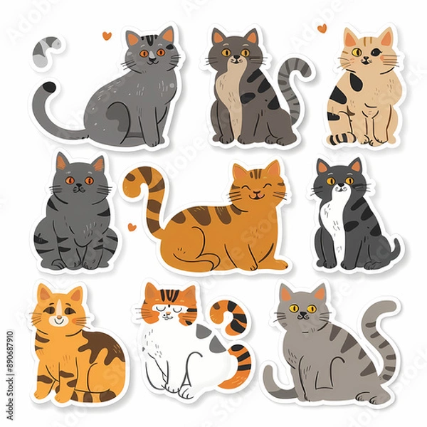 Fototapeta Charming Cartoon Cats on a Sticker Sheet: Whimsical Designs for Fun