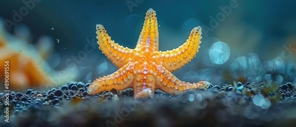 Fototapeta Vibrant orange starfish lies on a rocky seabed, surrounded by an underwater landscape with blue and teal hues, creating a mesmerizing marine scene.