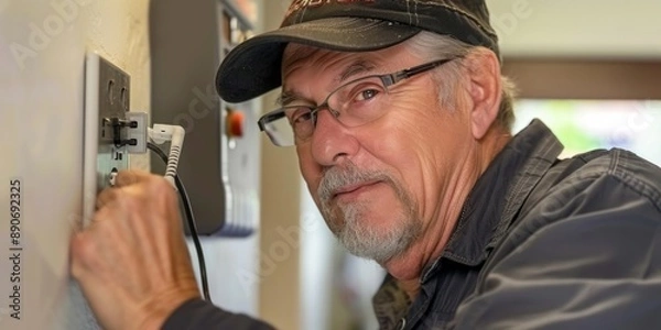 Obraz Senior Man Working on Electrical Wiring