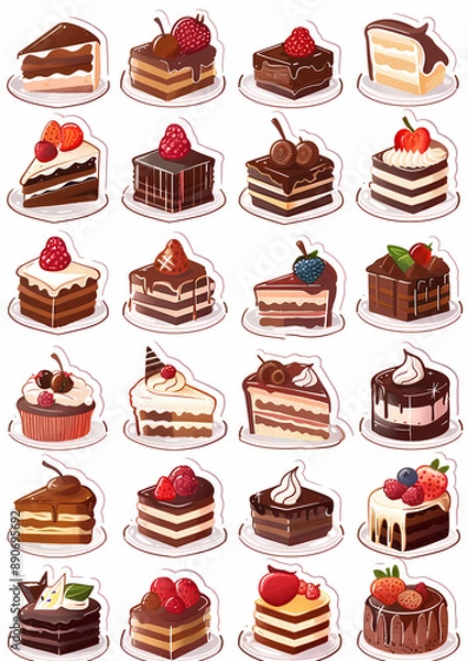 Fototapeta Adorable sticker sheet with multiple small chocolate cake illustrations, ideal for decorating journals, notebooks, and dessert-themed projects