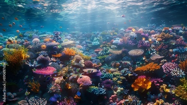 Fototapeta Wide view of a coral reef teeming with life. 