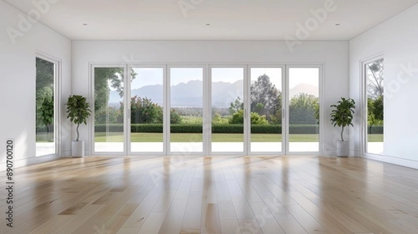 Fototapeta A large window with a view of trees and a white room