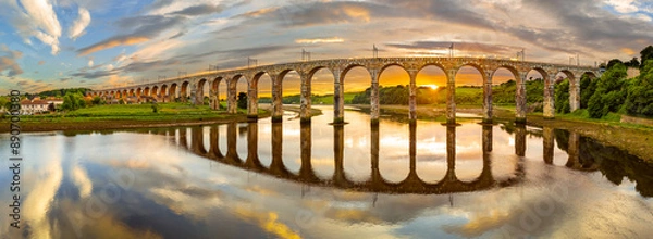 Obraz Berwick, Northumberland, UK, June 19, 2024; sunset aerial view of the Royal Border Bridge Viaduct, Berwick, Berwick-upon-Tweed, Northumberland, England, UK.