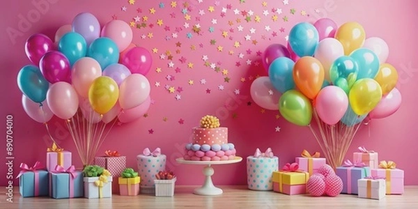 Fototapeta Colorful Balloons and Cake with Gifts on Pink Background, Birthday, Celebration, Party, Festive