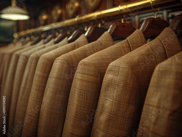 Fototapeta Brown plaid jackets neatly arranged on hangers