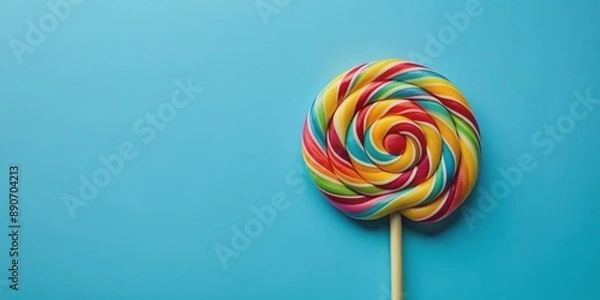 Fototapeta Colorful Swirled Lollipop on Blue Background, lollipop, candy, sweet, treat