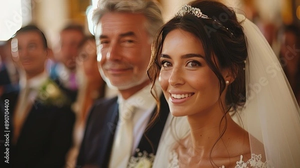 Fototapeta Capture the bride walking down the aisle with her father, tears of joy in her eyes