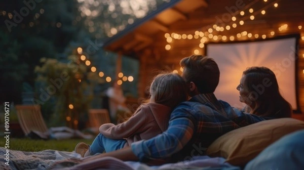 Fototapeta A family cuddles together on a blanket, watching an outdoor movie under string lights, creating a cozy and magical evening