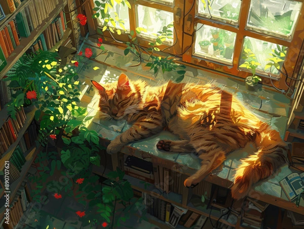 Obraz A vivid illustration of a cat napping on a windowsill, serene expression, top-down view.