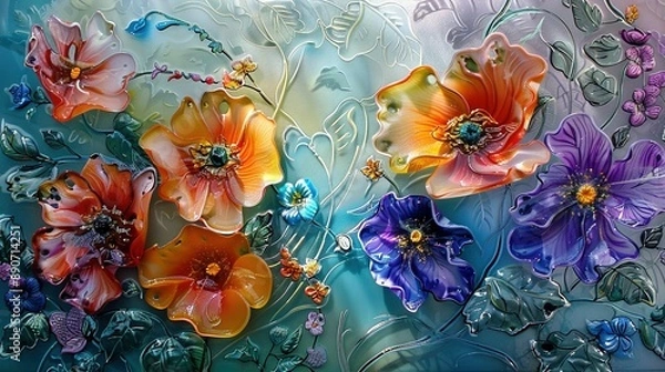 Fototapeta   A detailed photo of a flower painting on a blue and white canvas, featuring vibrant blooms in the center