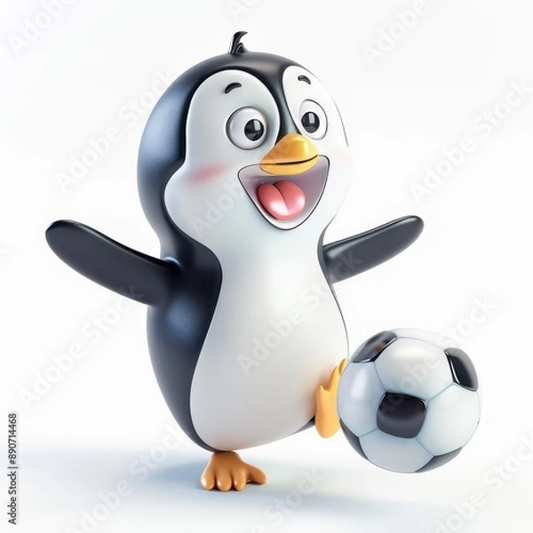 Fototapeta The Clipart of A cheerful 3D kawaii penguin playing soccer on a white background, with a cute and happy look, sliding to hit the soccer ball