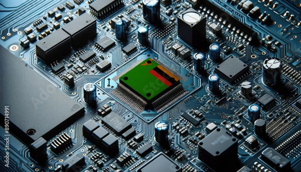 Fototapeta An intricate microchip with the Zambia flag embedded, representing the innovation and technological advancements of the Zambia in the field of electronics and microtechnology