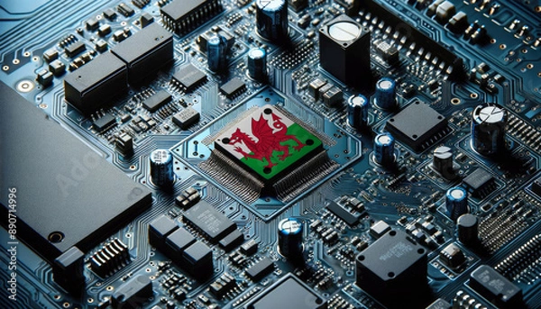 Fototapeta An intricate microchip with the Wales flag embedded, representing the innovation and technological advancements of the Wales in the field of electronics and microtechnology