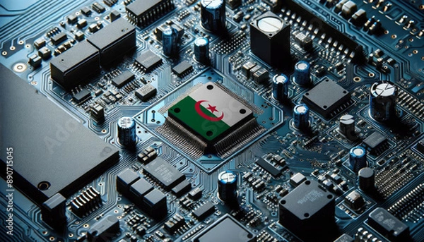 Fototapeta An intricate microchip with the Algeria flag embedded, representing the innovation and technological advancements of the Algeria in the field of electronics and microtechnology