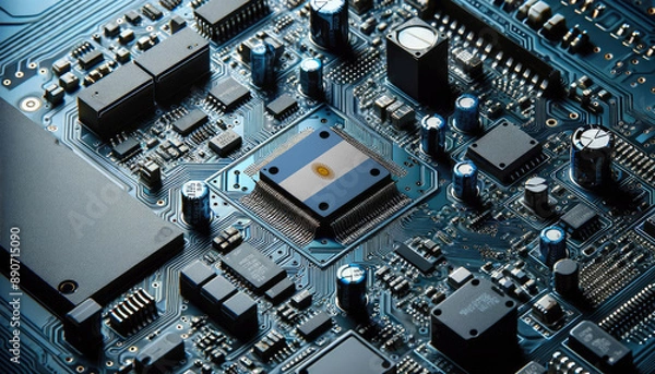 Fototapeta An intricate microchip with the Argentina flag embedded, representing the innovation and technological advancements of the Argentina in the field of electronics and microtechnology