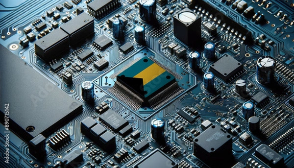 Fototapeta An intricate microchip with the Bahamas flag embedded, representing the innovation and technological advancements of the Bahamas in the field of electronics and microtechnology