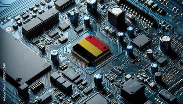 Fototapeta An intricate microchip with the Belgium flag embedded, representing the innovation and technological advancements of the Belgium in the field of electronics and microtechnology