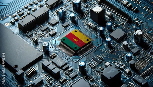 Fototapeta An intricate microchip with the Cameroon flag embedded, representing the innovation and technological advancements of the Cameroon in the field of electronics and microtechnology