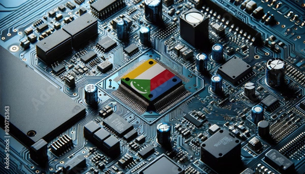 Fototapeta An intricate microchip with the Comoros flag embedded, representing the innovation and technological advancements of the Comoros in the field of electronics and microtechnology
