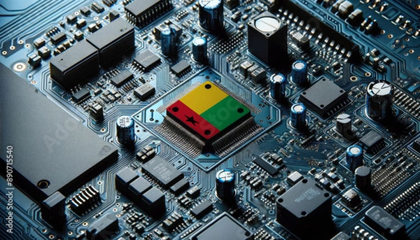 Fototapeta An intricate microchip with the Guinea-Bissau flag embedded, representing the innovation and technological advancements of the Guinea-Bissau in the field of electronics and microtechnology