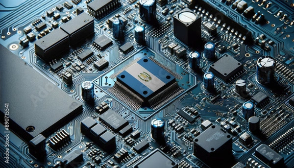 Fototapeta An intricate microchip with the Guatemala flag embedded, representing the innovation and technological advancements of the Guatemala in the field of electronics and microtechnology