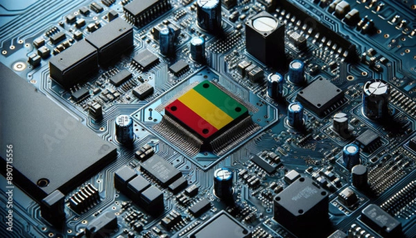 Fototapeta An intricate microchip with the Guinea flag embedded, representing the innovation and technological advancements of the Guinea in the field of electronics and microtechnology